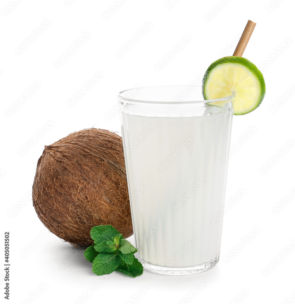 Glass of fresh coconut water on white background Glass of fresh coconut water on white background