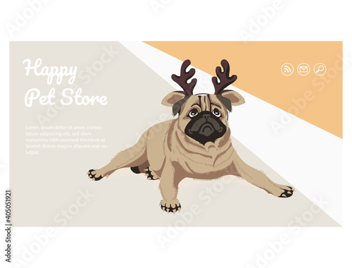 Happy pet store landing page template. Domestic animal feed, accessories and products for healthcare website, web page interface, Pet shop, store design cartoon vector illustration