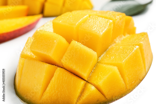 Sweet cut mango on white background, closeup