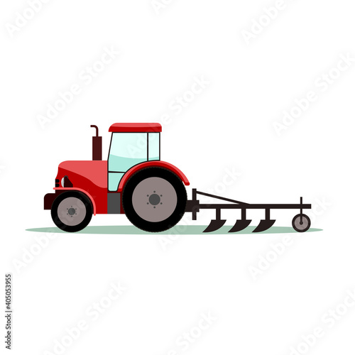 Tractor with plow. Flat and solid color vector illustration.