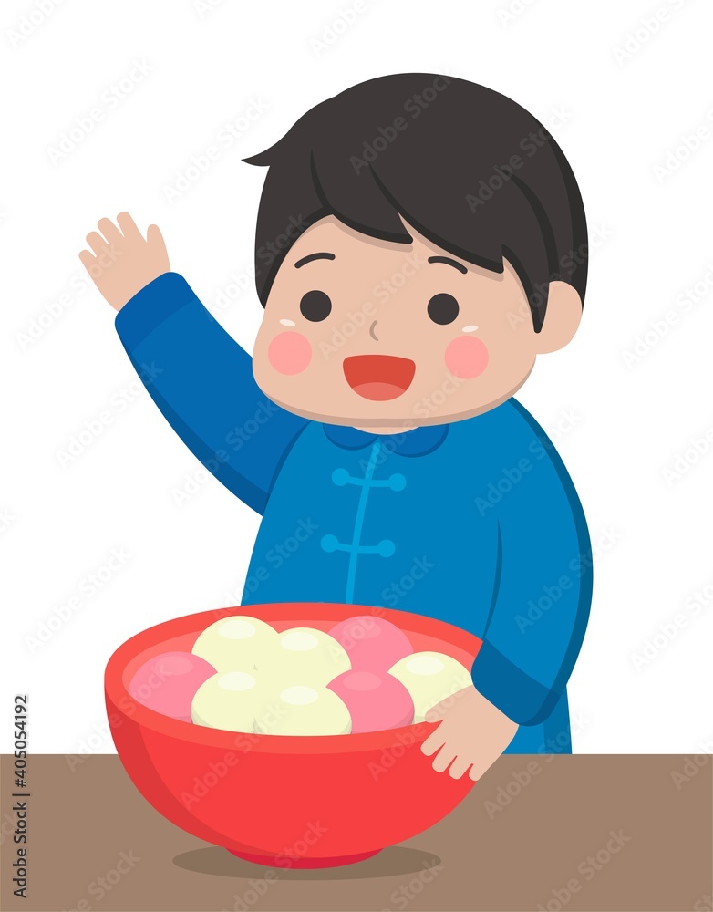 Chinese and Taiwanese festivals, Asian desserts made of glutinous rice: glutinous rice balls, cute cartoon characters and mascots, vector illustration