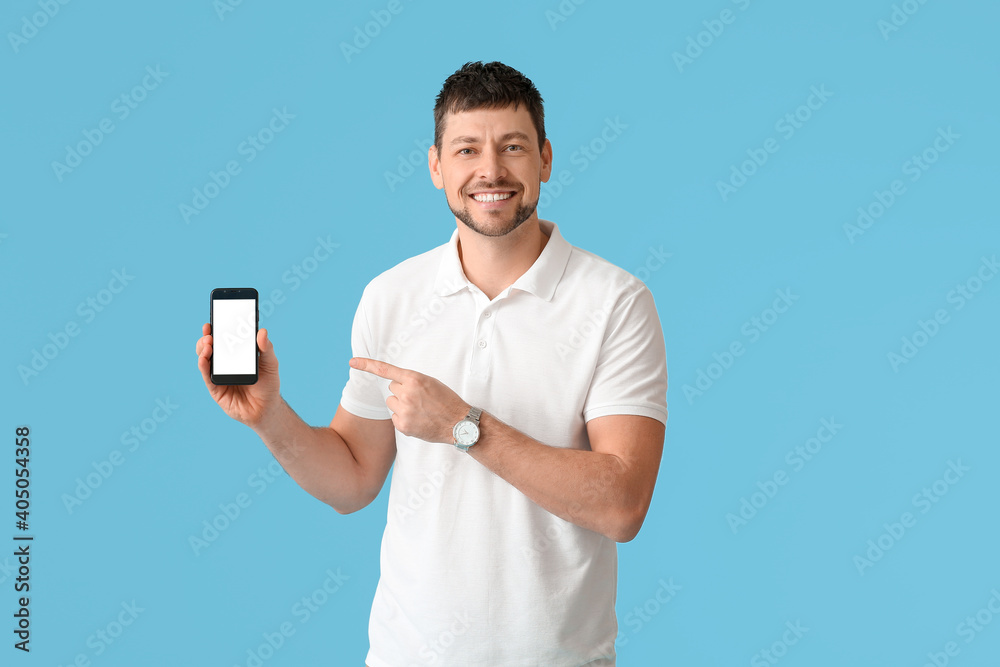 Man with mobile phone on color background Man with mobile phone on color background