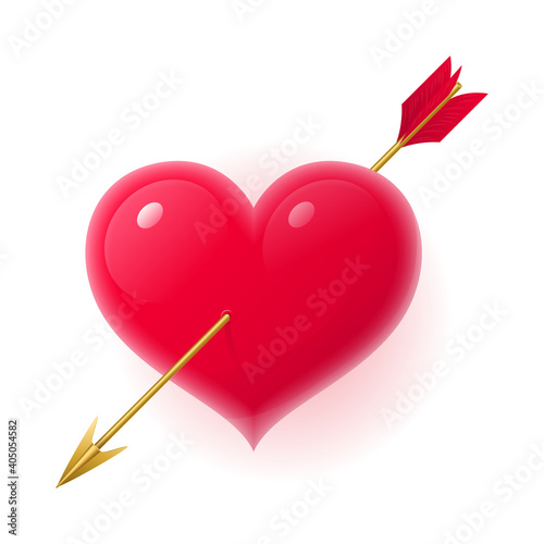 Red realistic heart pierced with arrow. Happy Valentines Day object, romantic love element. Holiday celebration, wedding invitation, greeting card design vector illustration on white background