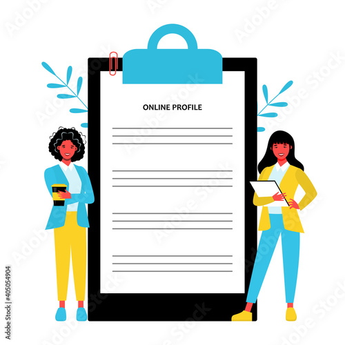 Online profile flat vector illustration. Social media users, app developers cartoon characters. Online communication platform, mobile application development. Personal page design concept

