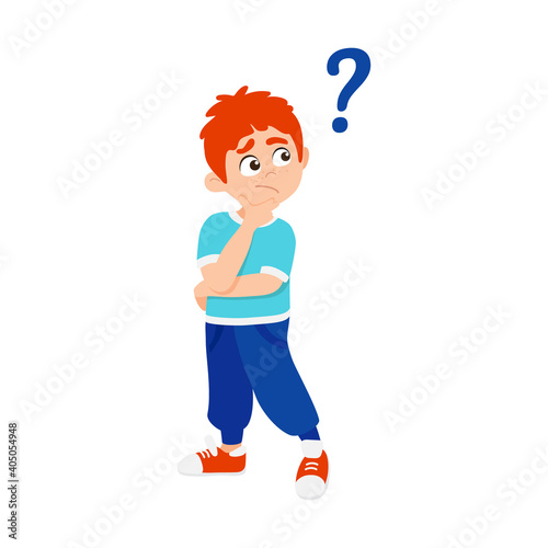 Little boy kid asking question flat style design vector illustration isolated io white background. Cute boy thinking about something and question mark flies above him asking concept.