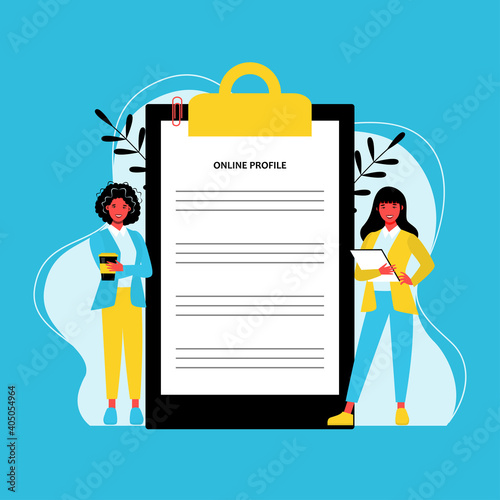Online profile flat vector illustration. Social media users, app developers cartoon characters. Online communication platform, mobile application development. Personal page design concept

