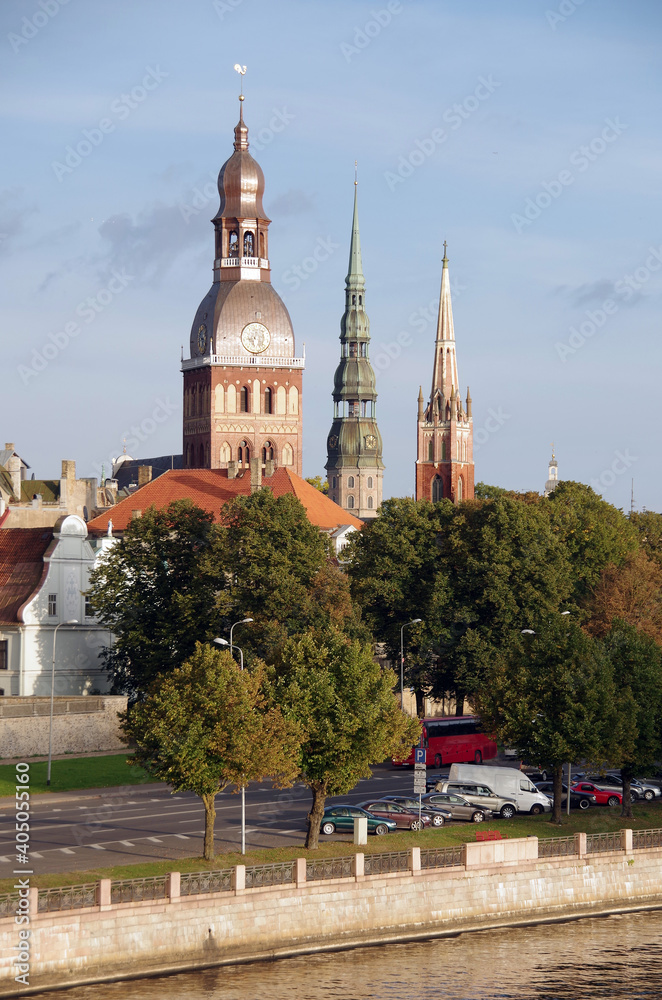 View from the river to the Riga old town towers (Latvia, Europe)