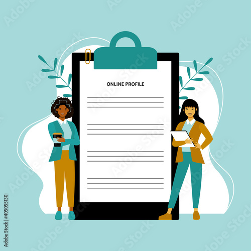 Online profile flat vector illustration. Social media users, app developers cartoon characters. Online communication platform, mobile application development. Personal page design concept


