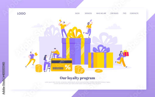 Earn loyalty program points and get online reward and gifts. Get loyalty card and customer service business concept flat design vector illustration. Tiny people with big card and money.