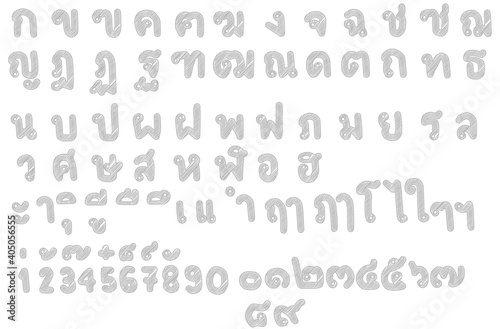 Vector illustration of pencil sketched alphabets.Thai vowels and various Thai symbols.The use of text fonts.Alphabet set.Collection of numbers.Hand drawn doodle.
