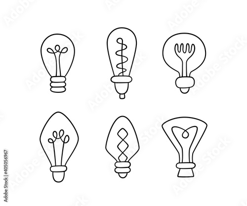 Hand drawn Light Bulbs. Collection of loft lamps in doodle style. Isolated objects on white background