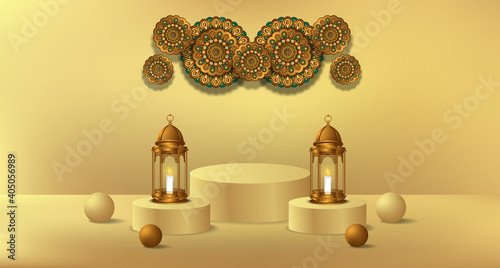 3d cylinder podium product display for ramadan with 3d illustration of golden lantern lamp and mandala decoration