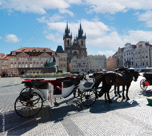 Prague Old Town with horse drawn carriage in foreground