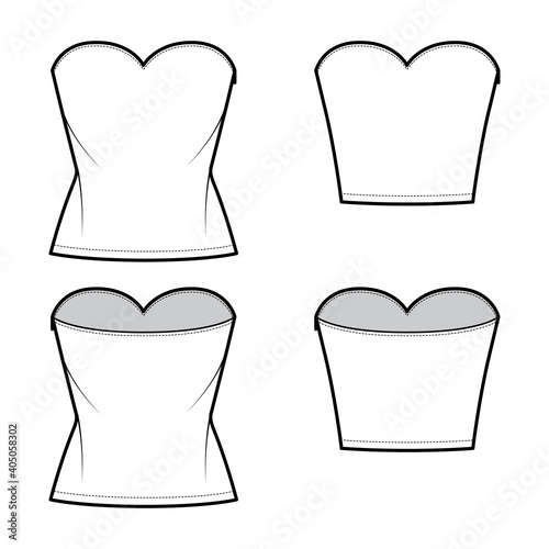Set of Tops strapless sweetheart neckline technical fashion illustration with slim fit, crop, tunic length. Flat apparel shirt outwear template front, back, white color. Women men unisex CAD mockup