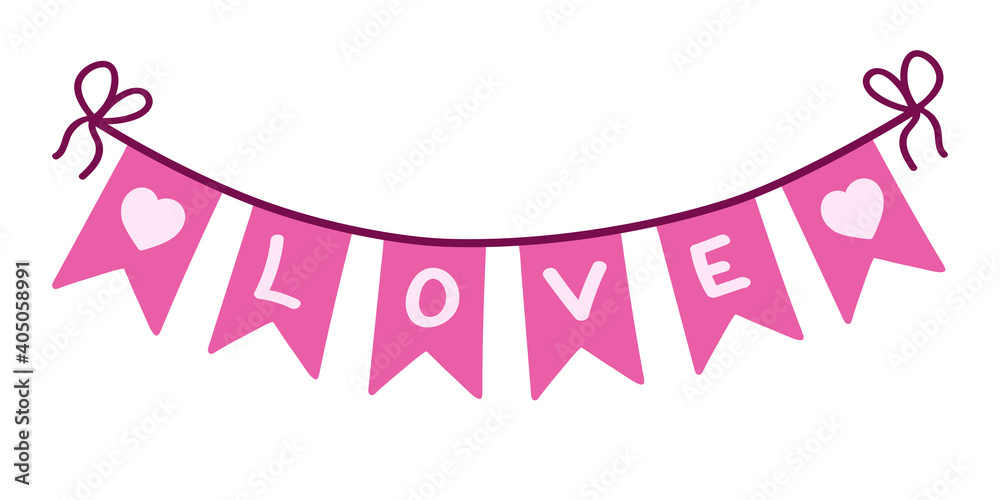 Garland flag with text Love. Valentine day, weddind banner. Pink vector clip art.
