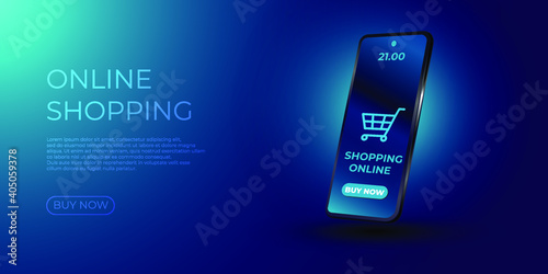 Online shopping. Smartphone turned into internet shop. Concept of mobile marketing and e-commerce. Vector illustration