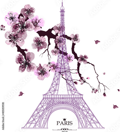 Vintage vector illustration of Eiffel tower with sakura flowers on grunge background