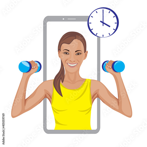Sports coach online, woman with dumbbell shows exercise, mobile app for personal training, vector illustration, flat design.