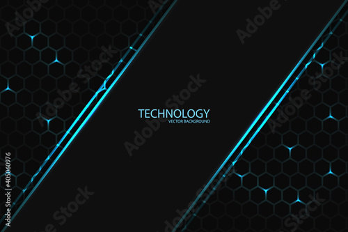 Hexagonal dark technology. Blue bright energy flashing under the hexagon in dark tech modern abstract futuristic background illustration. Geometric shape on a honeycomb grid.