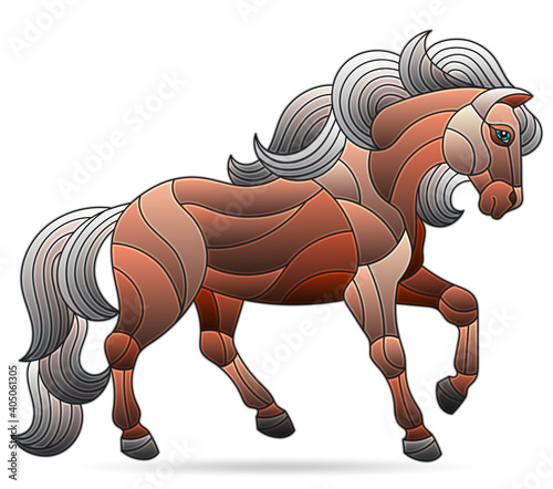 Illustration in stained glass style with a stand-alone item, a brown horse on a white background