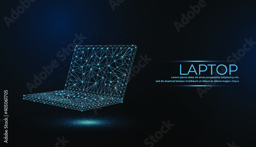 3D laptop Blue Abstract Mesh Background with Circles, Lines and Shapes . Design computer Layout for Your Business