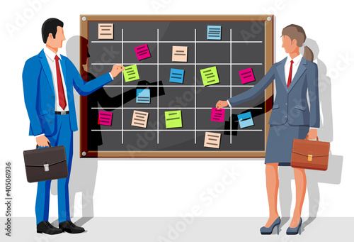 Scrum agile board, business people. Bulletin board hanging on wall full of tasks on sticky note cards. List of event for employee. Development, team work, agenda, to do list. Flat vector illustration
