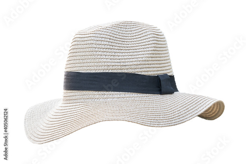 Summer straw hat isolated (clipping path) on white background in Panama fashion hat style for beach vacation sun screen protection for both men and women