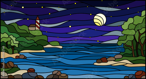 Illustration in stained glass style with seascape, sea with and shore against a starry night  sky with clouds and moon