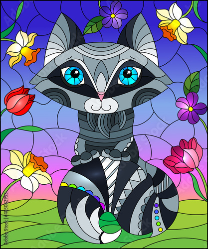 Illustration in a stained glass window with an abstract cute raccoo on a background of flowers and sky photo