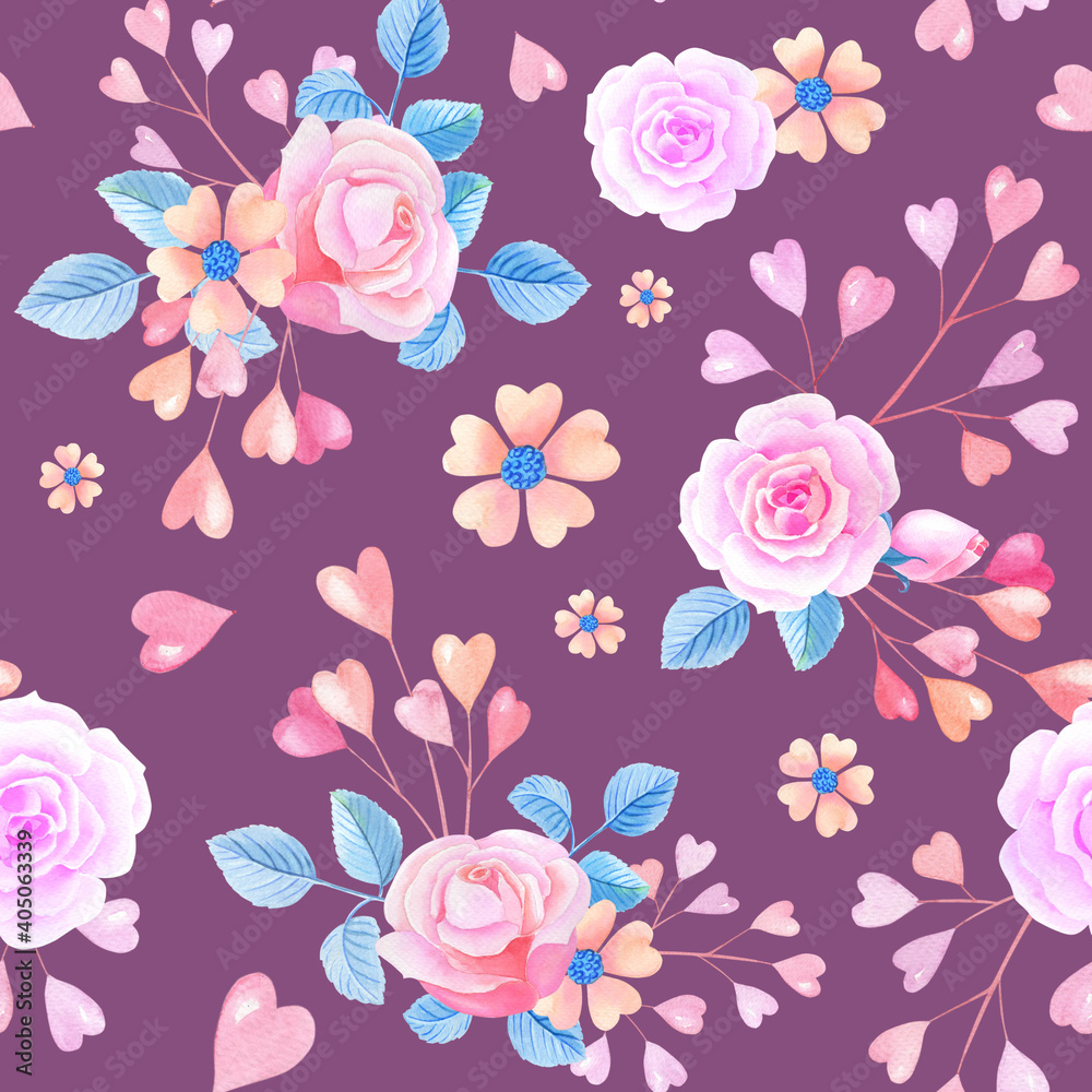 Pink watercolor roses, hearts on lilac background.Seamless pattern with abstract flowers.