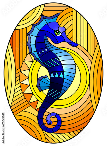 Illustration in stained glass style with fabulous abstract  fish seahorse, blue fish on an orange background, oval image