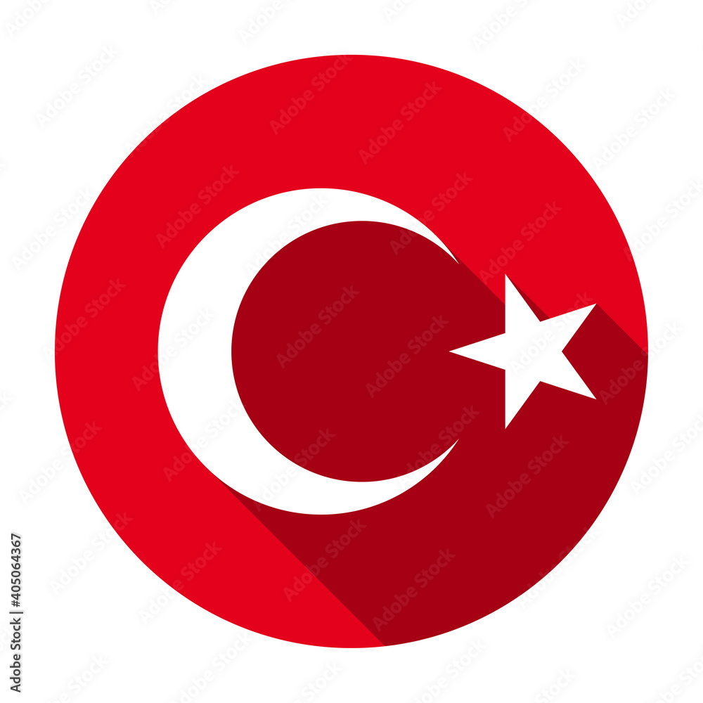 Red flat round national emblem of the Republic of Turkey icon, button with long shadow isolated on a white background. Vector illustration. Red flat round national emblem of the Republic of Turkey icon, button with long shadow isolated on a white background. Vector illustration.