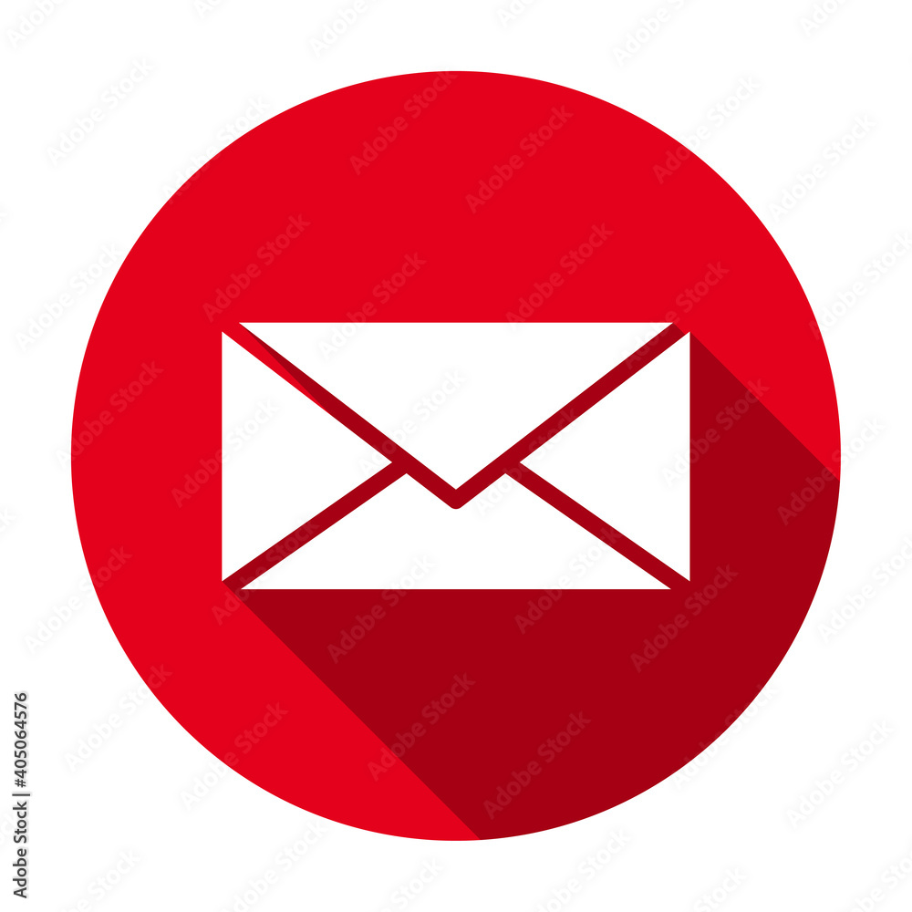 Red flat round envelope icon, button with long shadow isolated on a white background. Vector illustration.