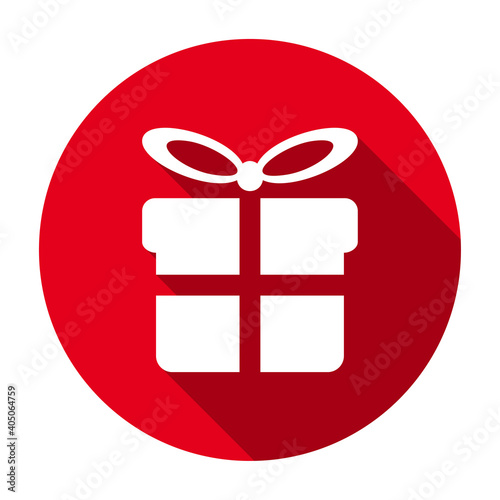 Red flat round gift box with tied bow icon, button with long shadow isolated on a white background. Vector illustration.