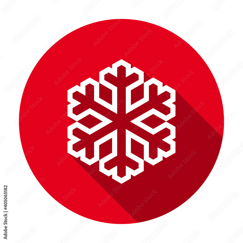 Red flat round snowflake outline icon, button with long shadow isolated on a white background. Vector illustration. Red flat round snowflake outline icon, button with long shadow isolated on a white background. Vector illustration.