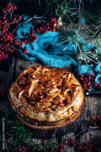 meat pie with different types of meat. Rustic style