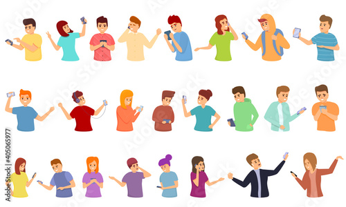 Using smartphone icons set. Cartoon set of using smartphone vector icons for web design