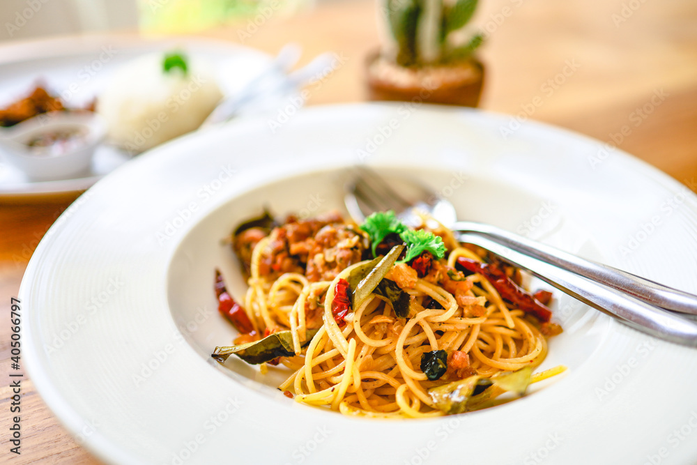 Delicious spaghetti food in restaurant. Tasty spaghetti pasta