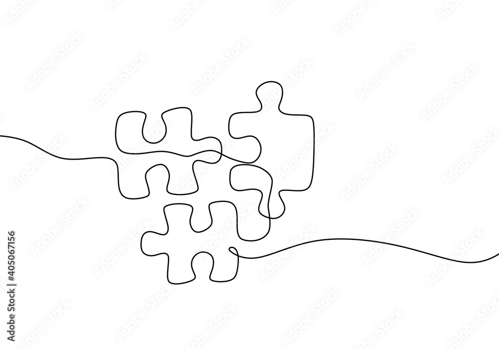 Continuous one line drawing of jigsaws on white background. Puzzle game