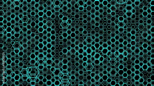 Isolated black background. Futuristic technology design. Abstract mesh of moving hexagons. Modern technological concepts. 3d illustration. 4k Ultra HD 3840x2160. photo