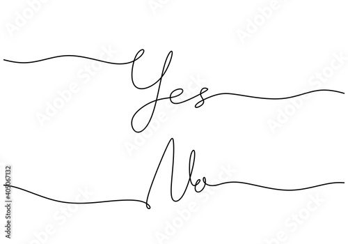 Handwritten yes no word one line. Hand drawn lettering. calligraphy. One line drawing of phrase. Continuous black line drawing yes no word. Minimalist word concept.