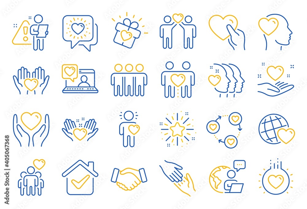 Fototapeta premium Friendship and love line icons. Interaction, Mutual understanding and assistance business. Trust handshake, social responsibility, mutual love icons. Trust friends, partnership. Line icon set. Vector