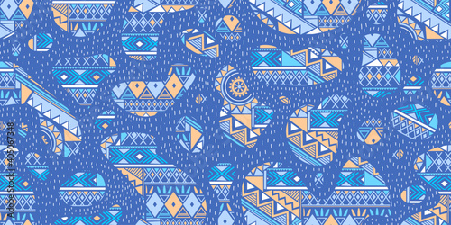 Paisley seamless pattern with flowers in indian style. Floral vector background with blue color.