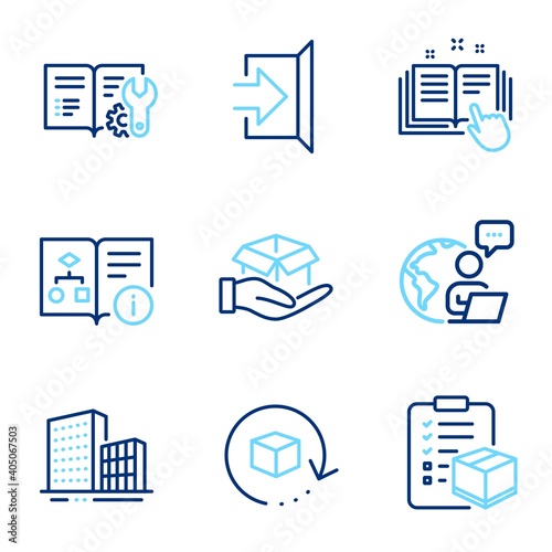 Industrial icons set. Included icon as Technical algorithm, Buildings, Engineering documentation signs. Hold box, Technical documentation, Return package symbols. Exit, Parcel checklist. Vector