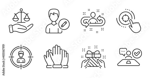 Edit person, Headhunting and Seo target line icons set. Gift, Job interview and Justice scales signs. Vote, Recruitment symbols. Change user info, Person in target, Click aim. People set. Vector