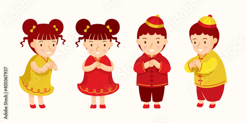 Chinese Kids Greeting or Pay Respect Characters in Traditional clothes Red and Gold Color