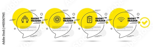 Fan engine, Employees teamwork and Checklist line icons set. Timeline infograph speech bubbles. Wifi sign. Ventilator, Collaboration, Survey. Wi-fi internet. Business set. Vector