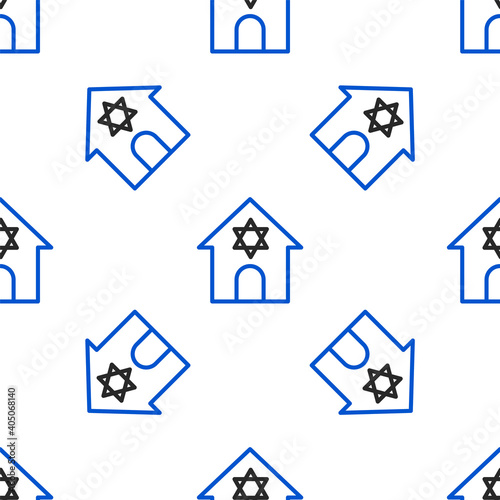 Line Jewish synagogue building or jewish temple icon isolated seamless pattern on white background. Hebrew or judaism construction with David star. Colorful outline concept. Vector.