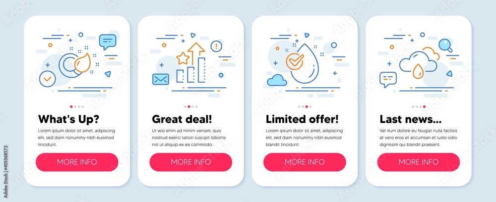 Set of Business icons, such as Water drop, Ranking stars, Paint brush symbols. Mobile app mockup banners. Rainy weather line icons. Clean aqua, Winner results, Creativity. Rain. Vector
