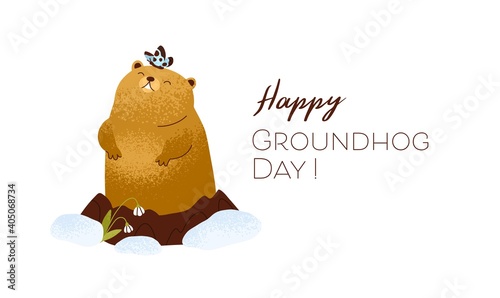 Happy Groundhog Day inscription on card with cute brown marmot waking up and coming out from its hole in February to greet spring. Color flat textured vector illustration isolated on white background